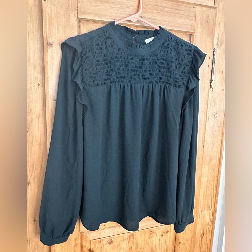 Loft Forest Green Dress Shirt Sz Large Rouched Chest and Ruffle Details